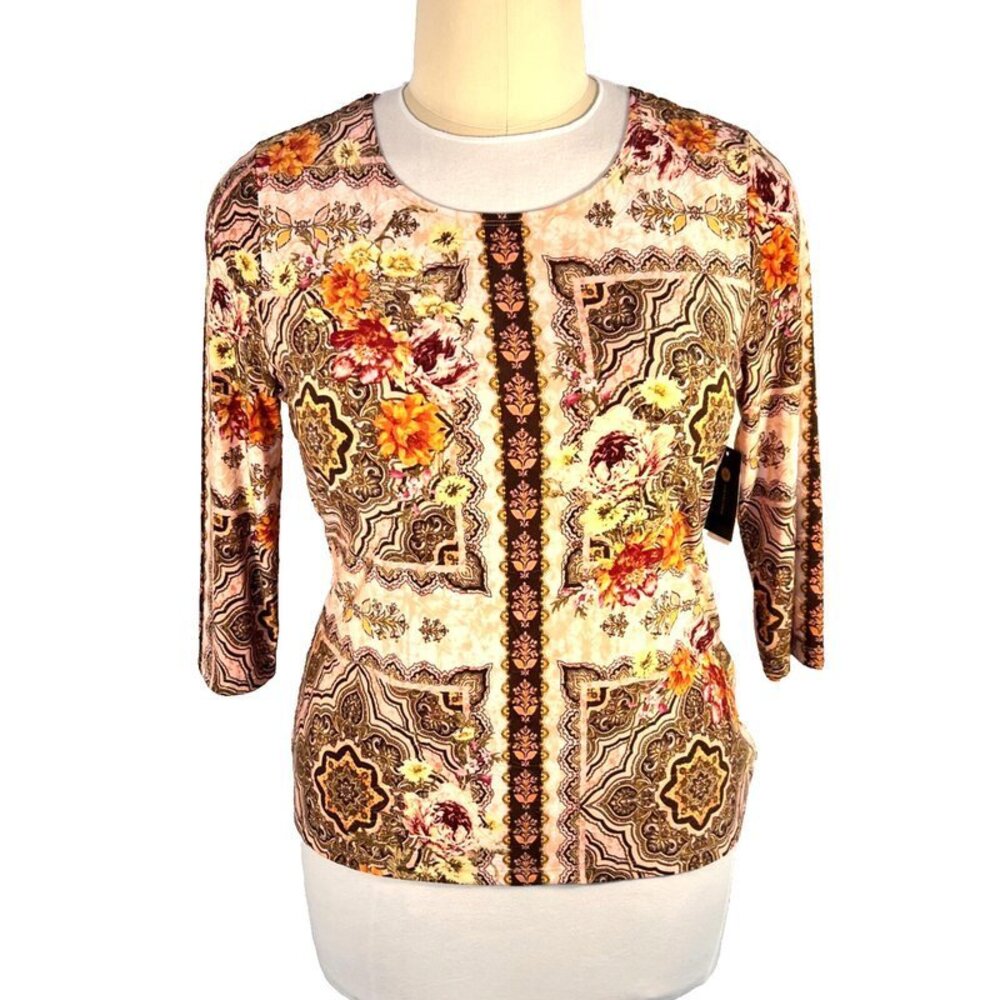 JM Collection Blouse Women's XL Earthtone Patchwork Floral 3/4 Sleeve Scoop Neck